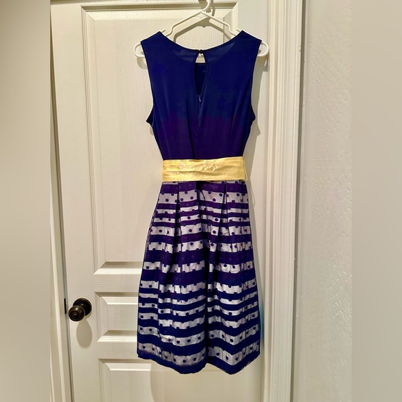 NWT Sleeveless Karin Stevens A-line Party Dress Navy Swiss Dot Tulle Over Stripe - Picture 2 of 3